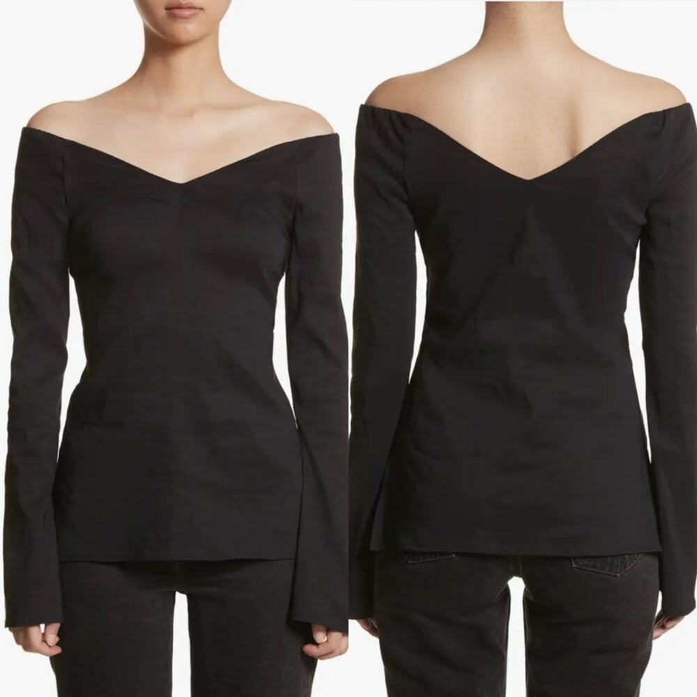 Beaufille Black Off Shoulder Chic Feminine Linen Blend V Neck Bia Top - 2 $325